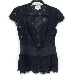 Milly Cap Sleeve Button Front Semi Sheer Lace Blouse Womens Sz 4 Black V-Neck
